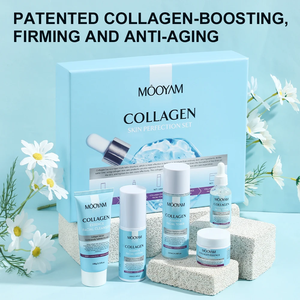 Collagen Skin Perfection 5 Pieces Skincare Kit Anti-Wrinkle Lightening Firm Skin Collagen Natural Skin Care Set Gift Box