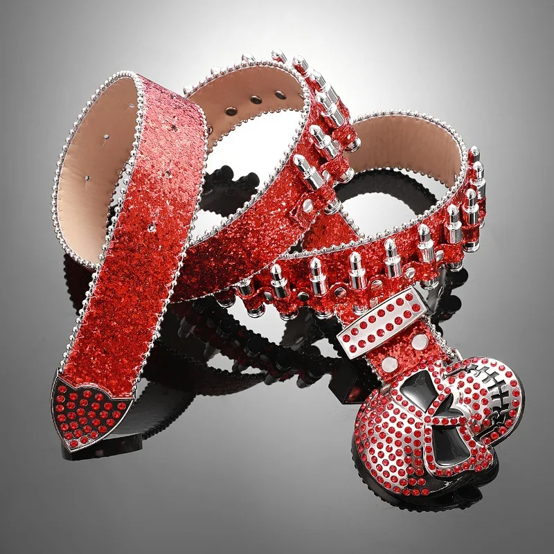 Halloween PU leather studded rivet black skull belt designer shiny punk heavy duty studded bullet rhinestone belts for cowboys