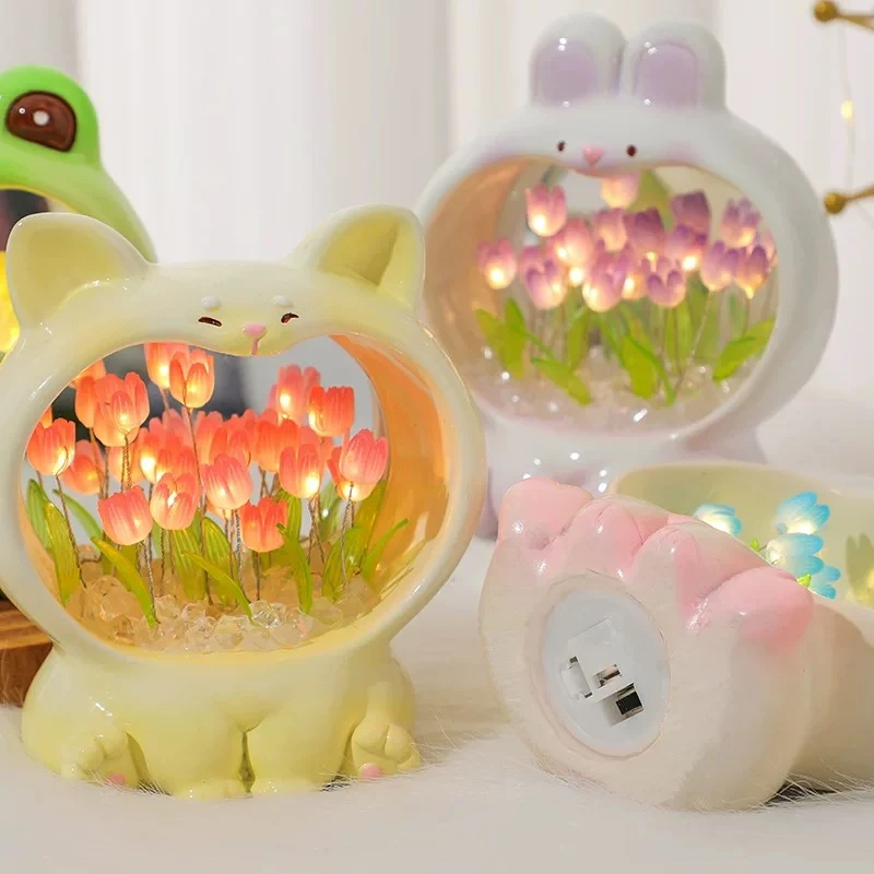 Creative Home Decor Handmade DIY Tulip Animals 10 Flower Lamp Romantic LED Tulip Mirror Night Light for Bedroom Girls Gift