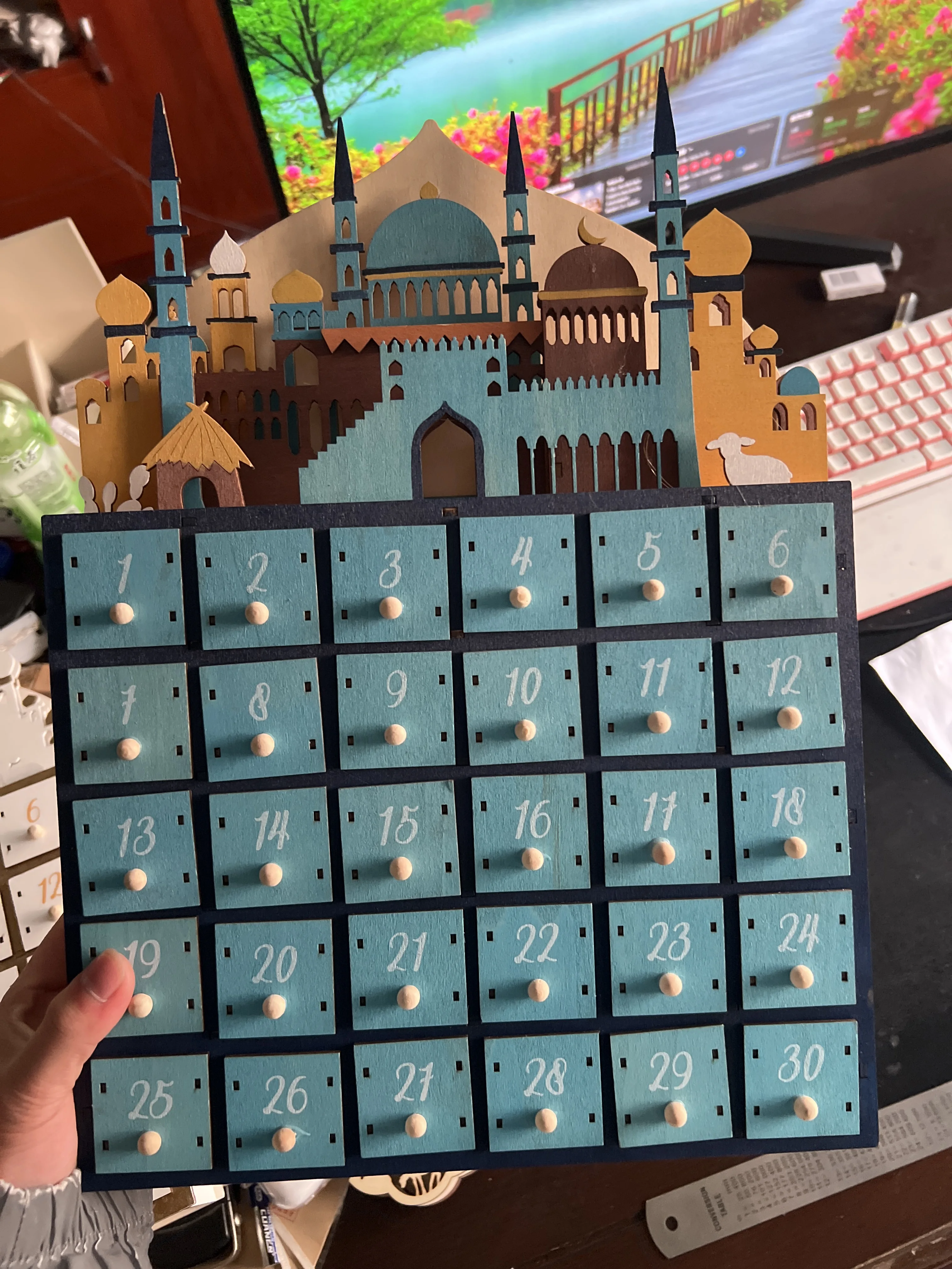 Рамадан Звезды Луна обратный отсчет DIY деревянные украшения Eid al-Fitr ящик подарок Адвент календарь коробка Выгравированный узор буквы дома