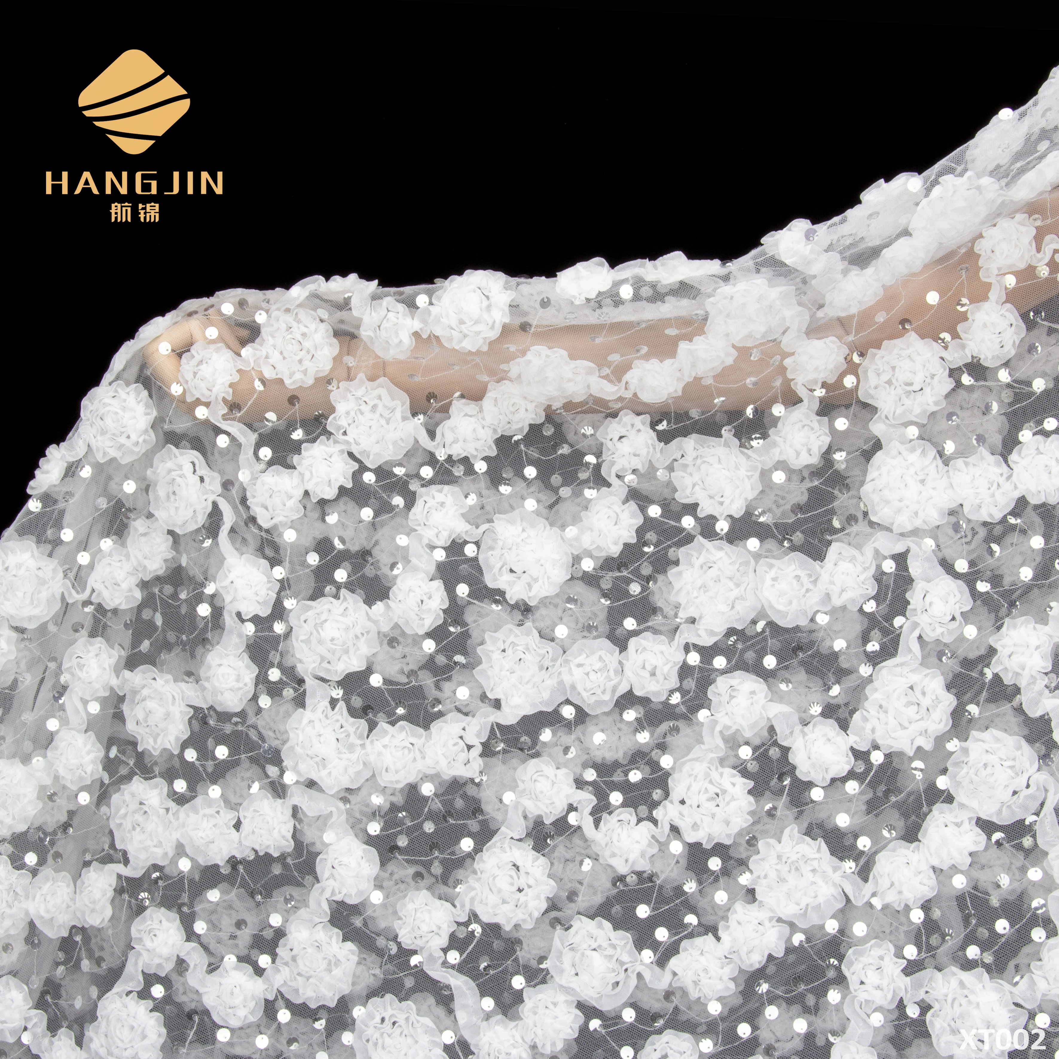 3D White Flower Rose Taping Coiling Cording Taping Embroidery Tulle Fabric with Sequins for Wedding Dress Gowns Dinner Dress