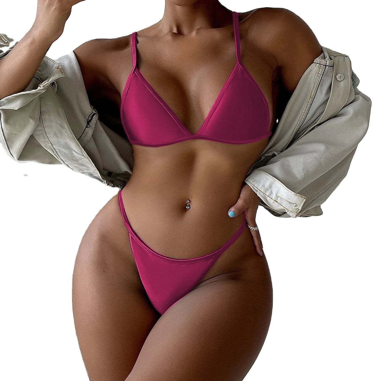 2022 European and American new swimsuit sexy fashion swimsuit ladies solid color split bikini purple color