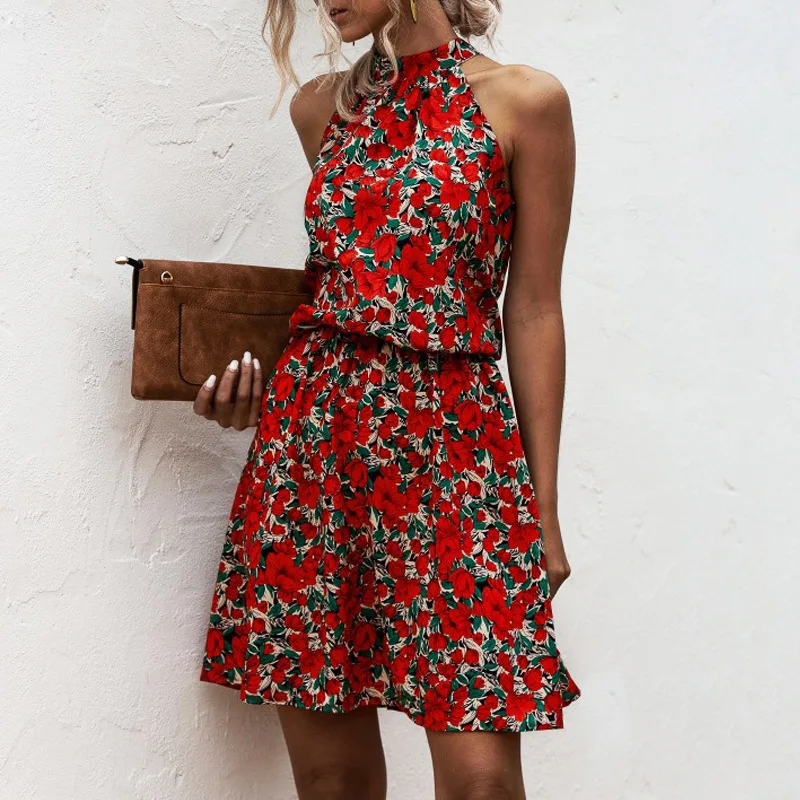 Wholesale halter dress floral summer bohemian beach dress casual tunic leopard mini vacation dresses for women