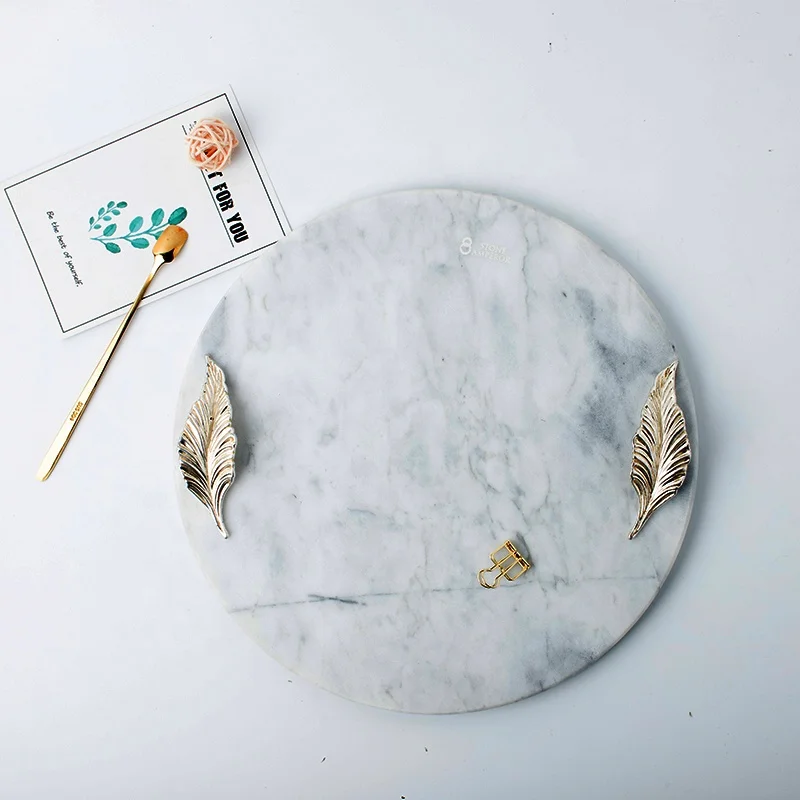 Wholesale Marble Cheese Board Marble Tray and Plate with Gold Leaves Handle