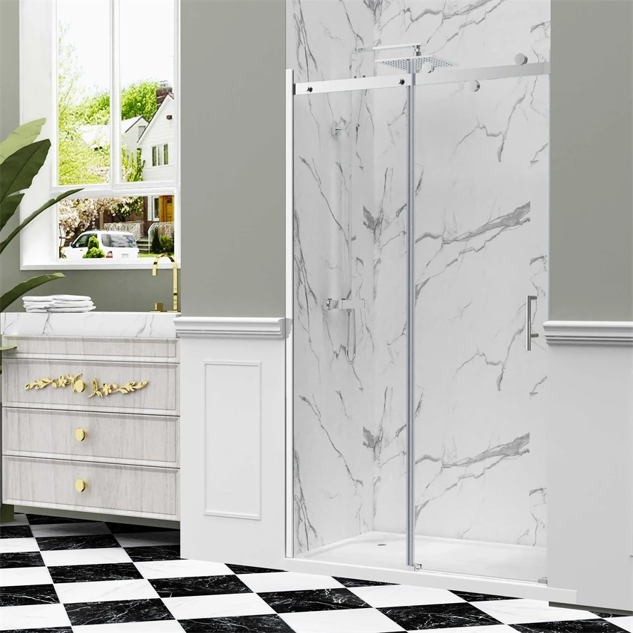 Oumeiga Double Bypass Bathroom Tempered Glass Shower Enclosure 8mm Thick Frameless Black Sliding Shower Door Hotel Shower Panel