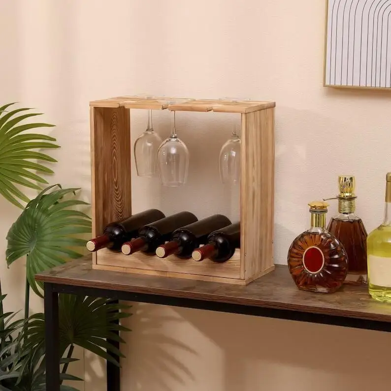 Handmade Wooden Wine Rack with Glass Wine Bottle Holder Counter top Glasses Holder Wine Bottle Storage Shelf for Home Kitchen