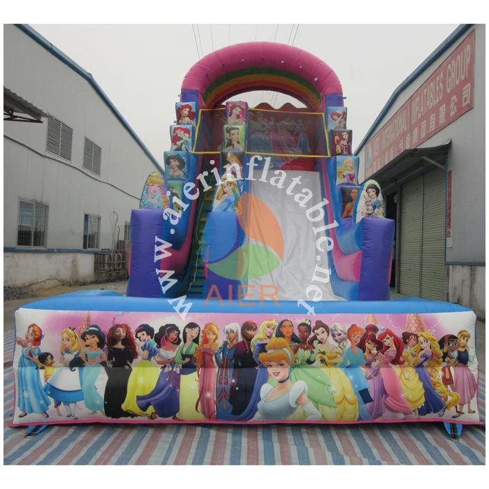 Commercial 0.55mm pvc inflatable pink princess water slide with swimming pool custom girls toys for sale