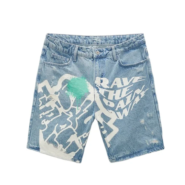 Summer New Arrival Fashion High End Custom Multi Pocket Text Contrast Print Classic Washed Denim Men Short Jeans