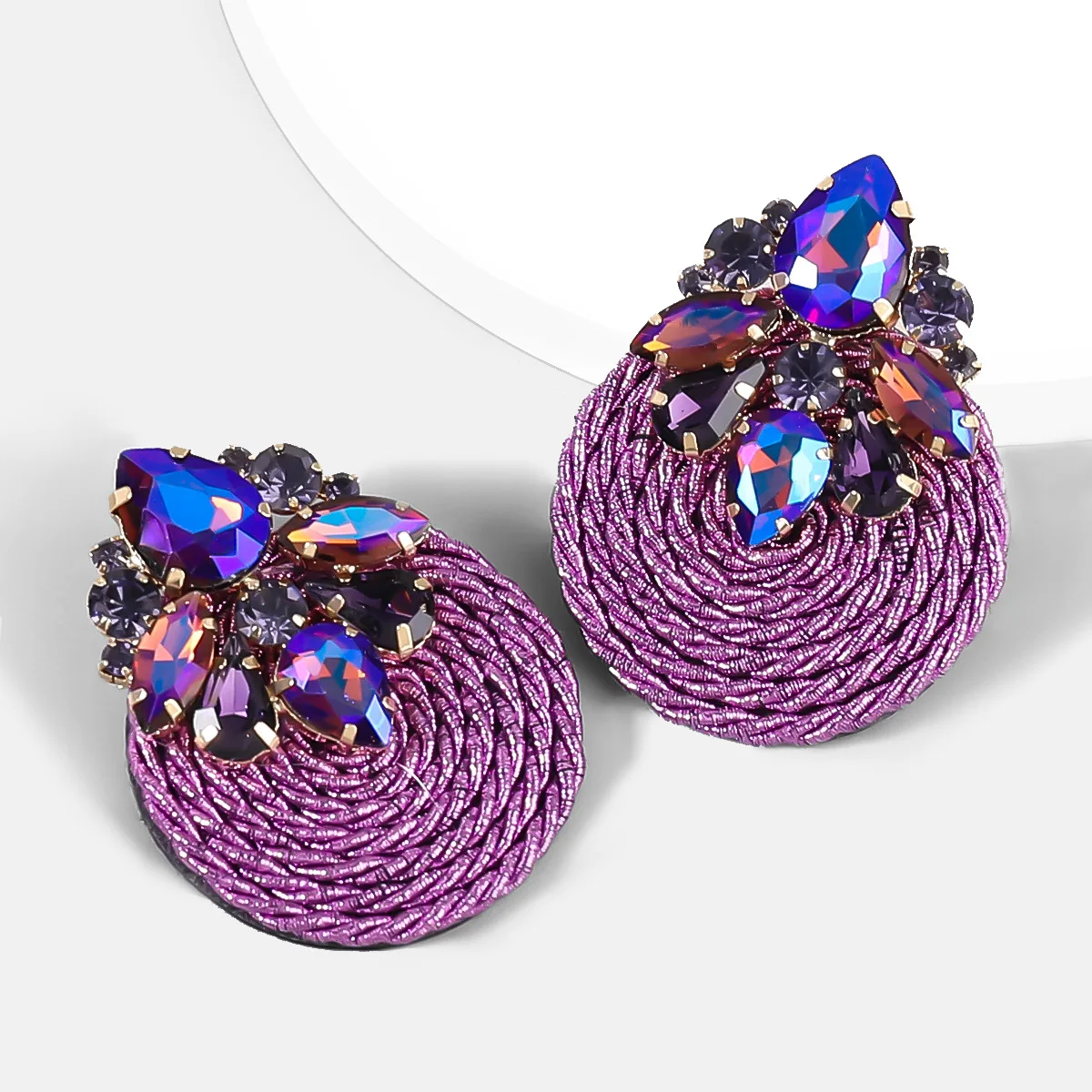 New geometric alloy glass diamond earrings polyester elastic cord braided round earrings jewelry for women