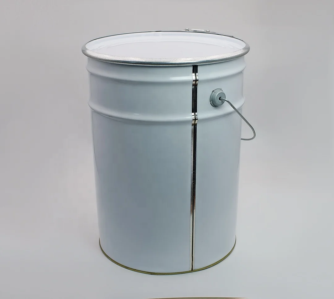 Empty 20l 5 gallon white blue metal bucket pail with metal handle and flower lid lock ring cover