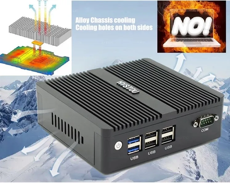 HYSTOU Micro PC Quad Core Intel Celeron J1900 Win 10 Linux 4 USB Support 4K Dual Display Fanless Industrial Mini Desktop PC