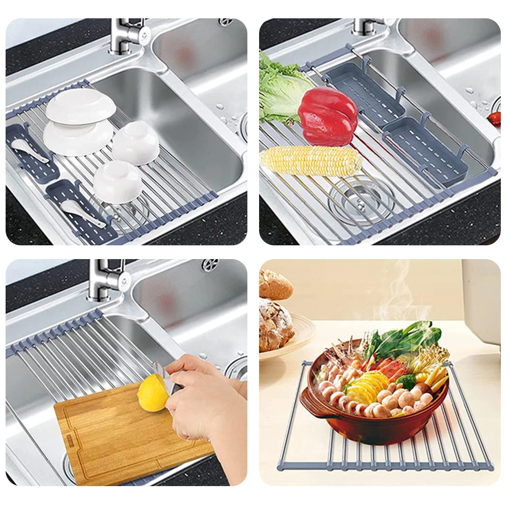 new arrival stainless steel over the sink adjustable expandable roll up dish drying rack