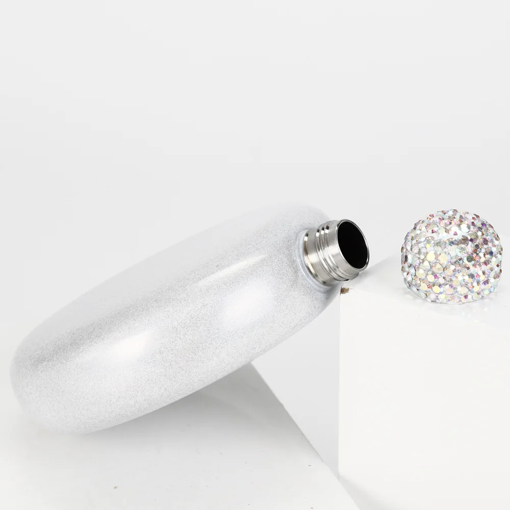 5oz Circle Round Flask Teal Glitter Lavender Shimmer Round Stainless Steel Hip Flask with Bling Rhinestone Lids