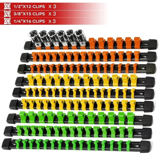 18PC ABS Socket Organizer, 1/2 inch, 3/8 inch and 1/4 inch Drive Socket Rail Holders Heavy Duty Socket Racks Yellow Green orange