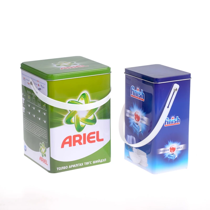 Laundry washing powder metal tin box packaging detergent tin container with plastic handle