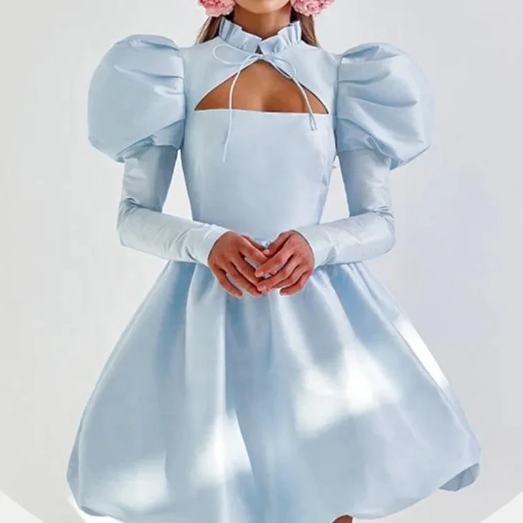 custom designer fashion summer elegant modest wholesale one piece lady cut out puff sleeve satin Prom Female mini dress women