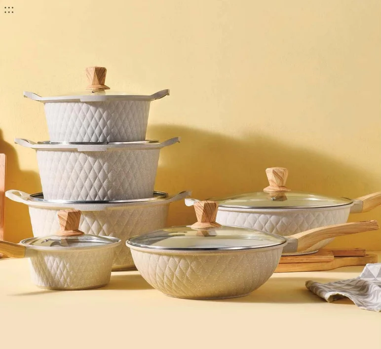 non-stick Dia Cast aluminium grey cookware set  With  glass lid Hole induction bottom