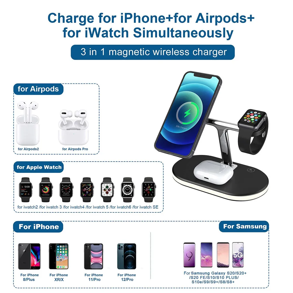 Detachable Wireless Charging Station with Touch On/Off Lamp Max 30W  3 in 1 Magnetic Wireless Charger