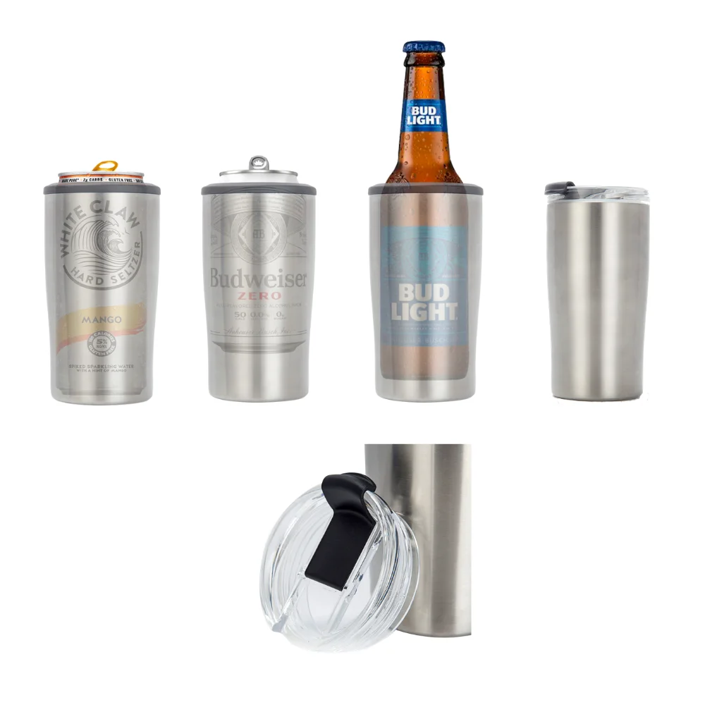 New 4 In 1 Vacuum Insulated Double Walled Skinny 12 oz Beer Bottle Can Holder Stainless Steel Slim Can Cooler Insulator