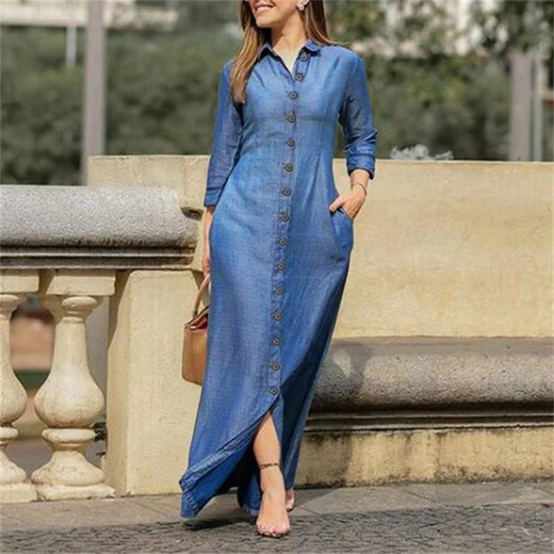 Fall vintage plus size womens casual shirt jean dresses ladies elegant long sleeve maxi denim dress