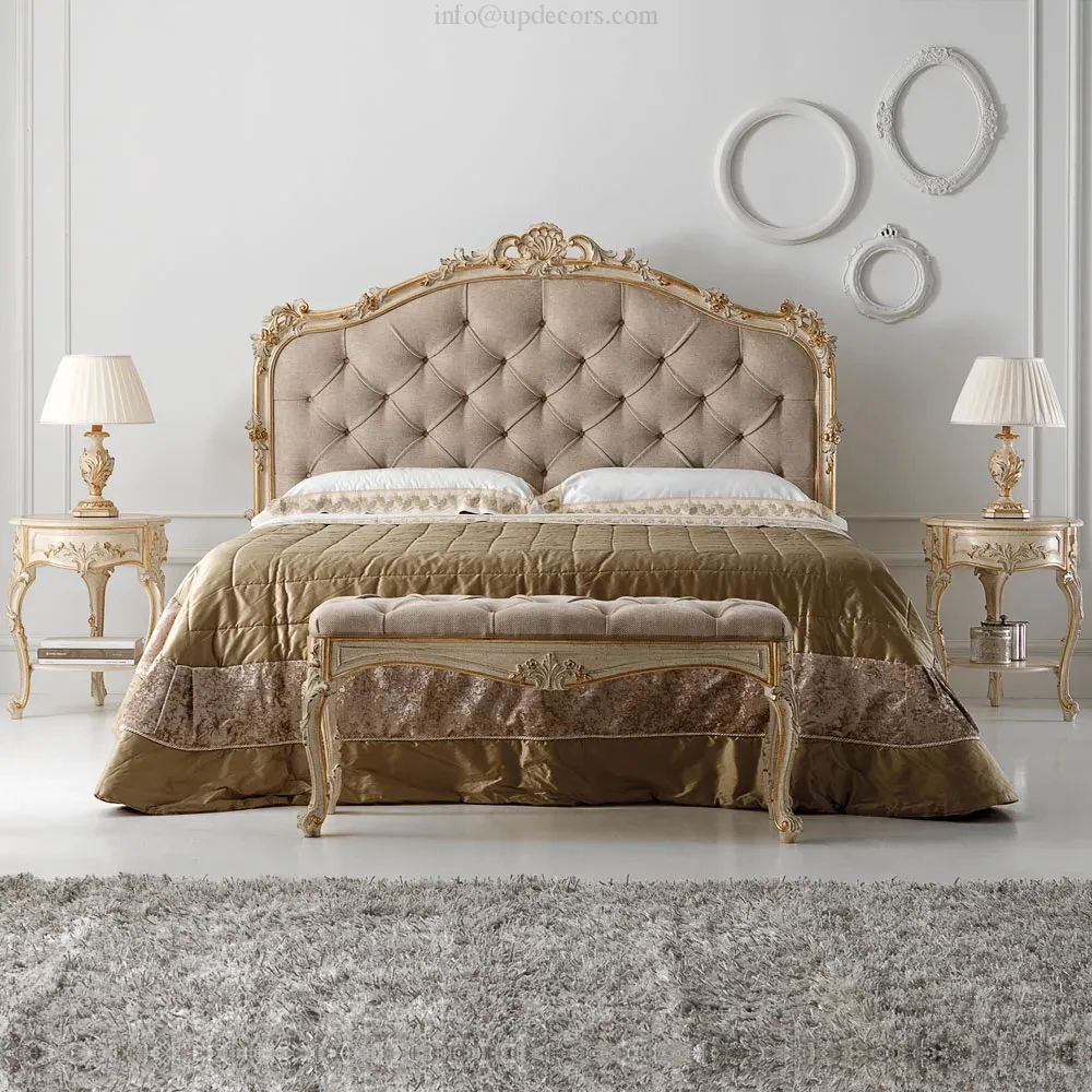 Top selling high quality Rococo button antique gold furniture upholstered royal classic bedroom set