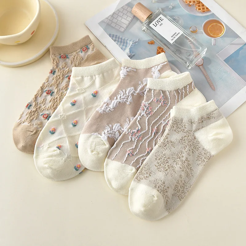 Летние корейские женские носки с милым медведем, японские Ретро коричневые студенческие носки до щиколотки, хлопковые Дышащие носки-лодочки с цветами
