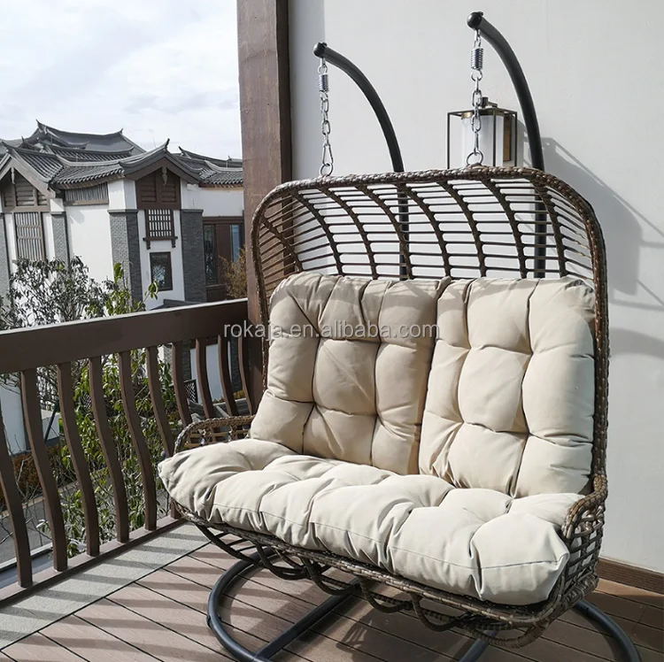 Outdoor Structural Wicker 2 Seater Swing Chair Garden Iron Metal Hanging Swing Chair Hand Woven Hanging Egg Chair with Stand