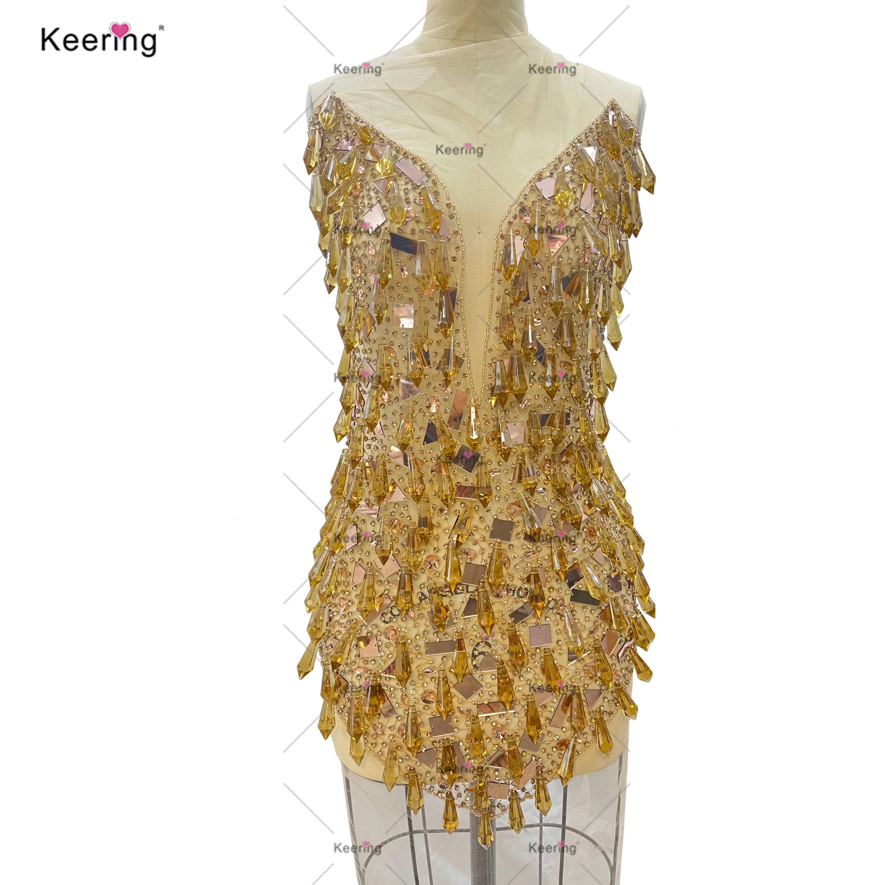 WDP-578 Keering New Arrivals Luxury Pointed Drop Glass Mirror Beads Big Rhinestone Appliques Bodice For Latin Dance Clothes