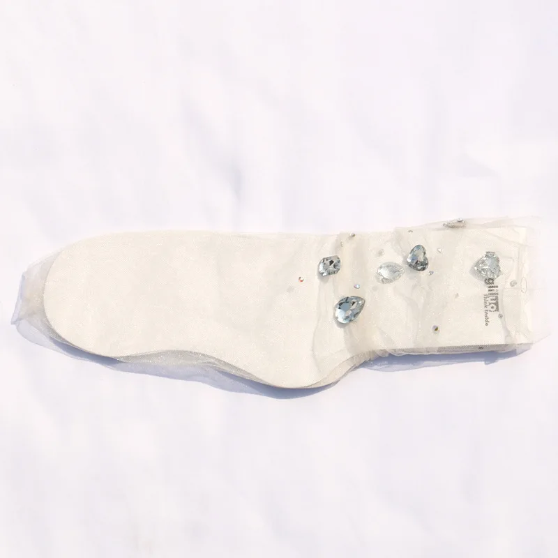 Transparent lace Breathable Crew Ladies Socks Star Sparkling Rhinestone Heart Shaped Lace Mesh Socks For Girls