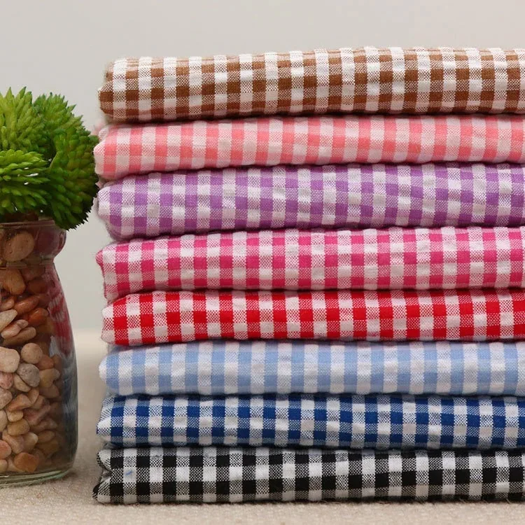 Factory directly support fashion polyester cotton blend fabric woven plaid check fabric shirt cloth seersucker  fabric