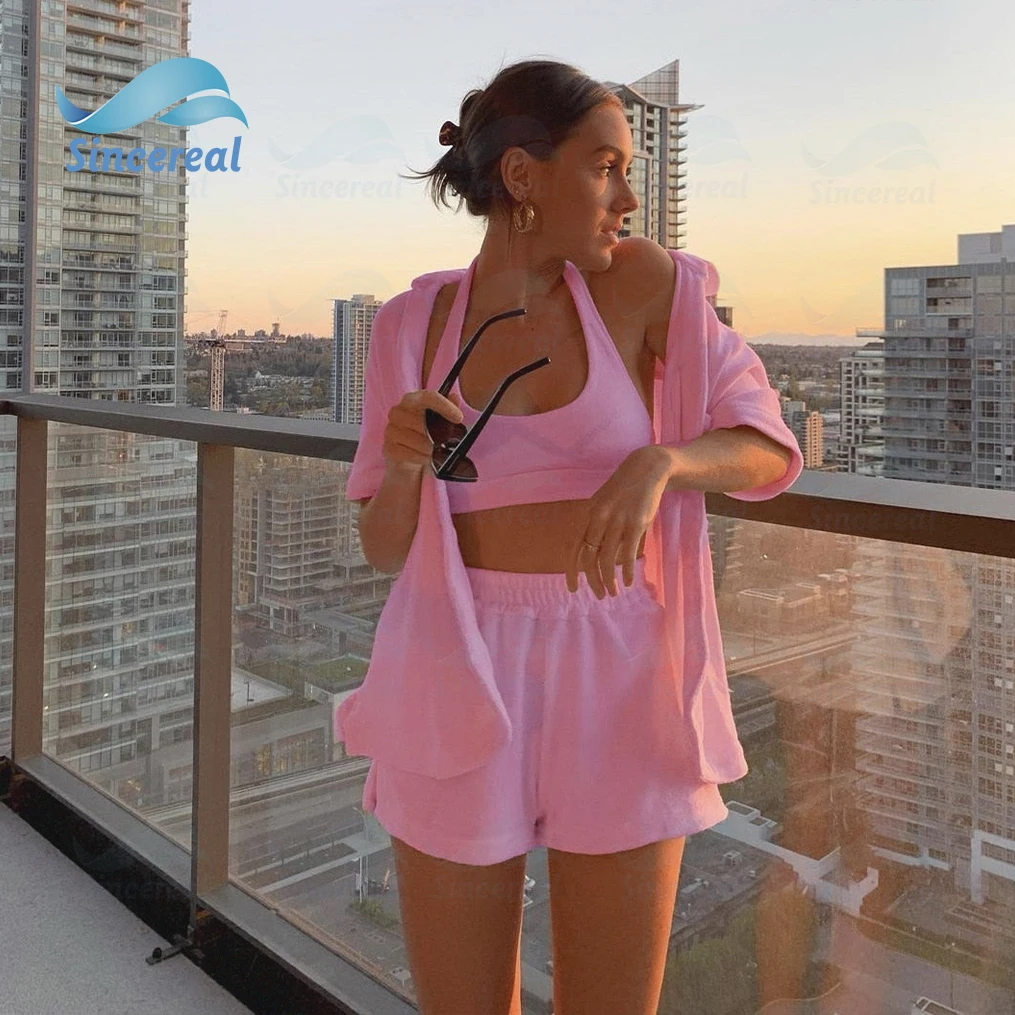 Custom Women summer 100% cotton 2 pieces sets women crop top shirt shorts women terry towel beach set