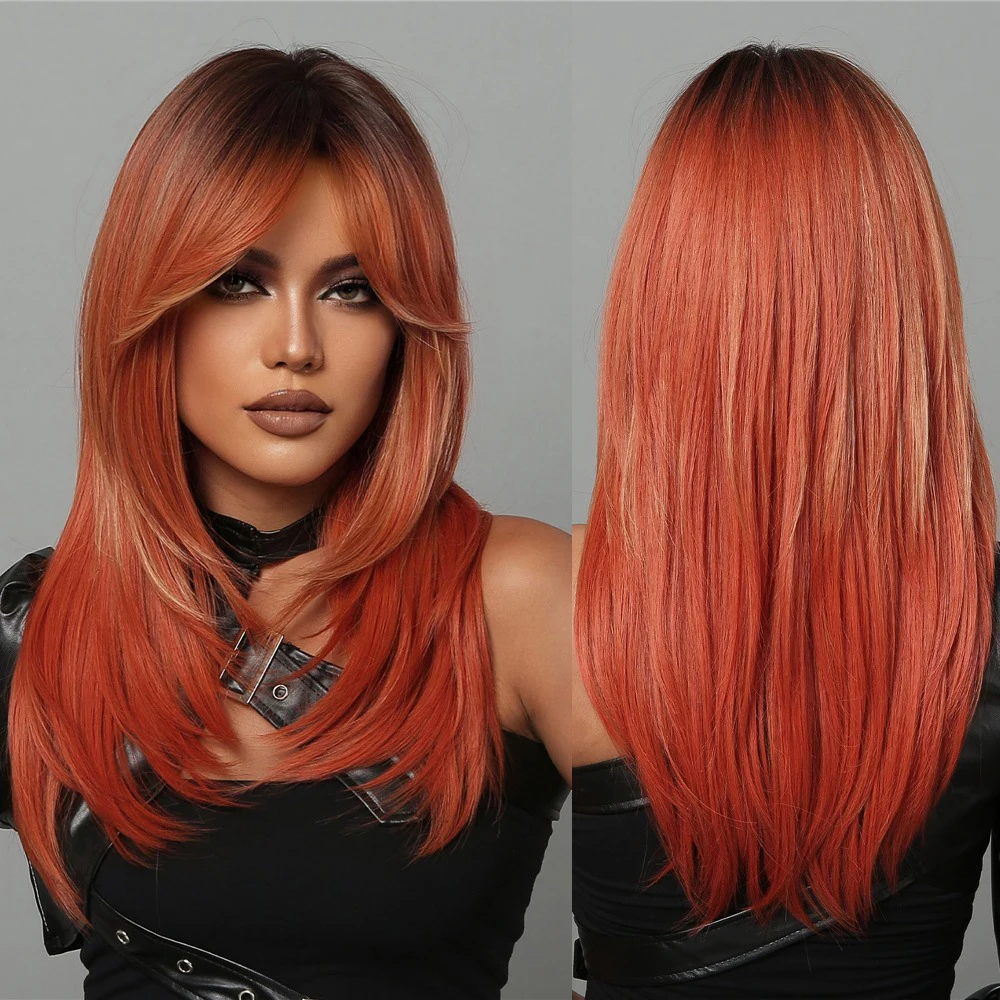 Synthetic Wigs Orange Red Hair Wigs with Dark Roots Long Straight Wig Natural Heat Resistant Fiber Female Daily Hair