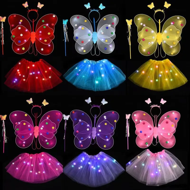 Kids Toys Angel Flower Fairy Butterfly Wings LED Lights Halloween Girls Dress Up Princess Skirt Magic Wand Headdress Set
