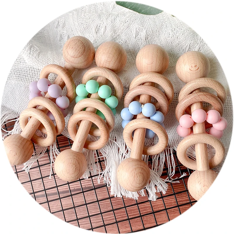 High Quality Eco Friendly Wood Baby Rattle Teething Toys Teether Silicone Beads Bracelet Wooden Rattle Rings Set