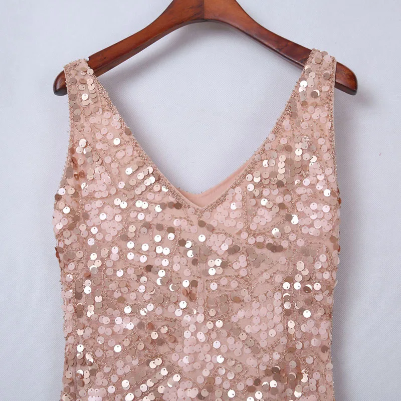 YIZHIQIU OEM beaded sequined vintage handmade fringed V-neck evening dress