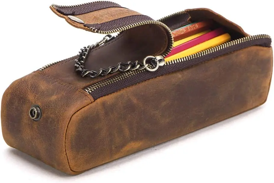Genius Leather Pencil Case - Double Zippered Pen Pouch for School, Work and Office