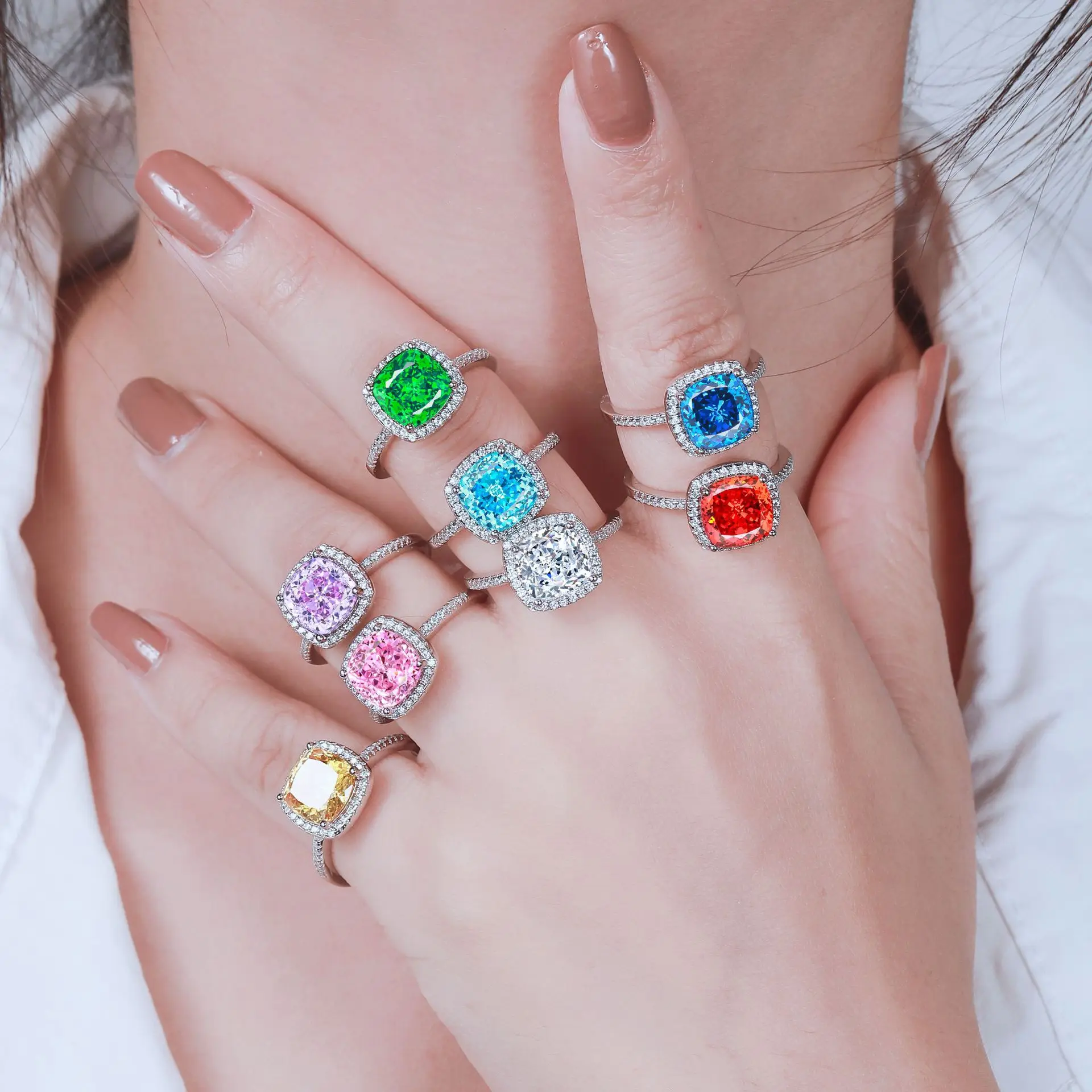 S925 sterling silver color treasure luxury exaggerated Europe and the United States 9*9 flame high-carbon diamond ring for women