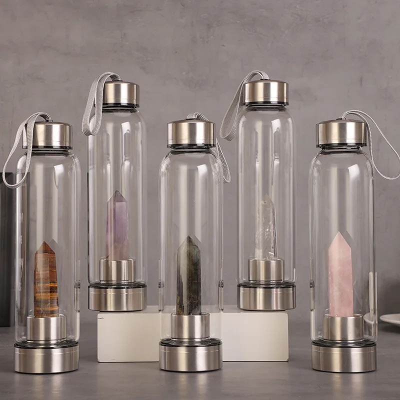 Madou Eco Friendly Reusable Gemstone Cup Fruit Infuser Sports Gem Infused Glass Healing Elixir Crystal Gemstone Water Bottle