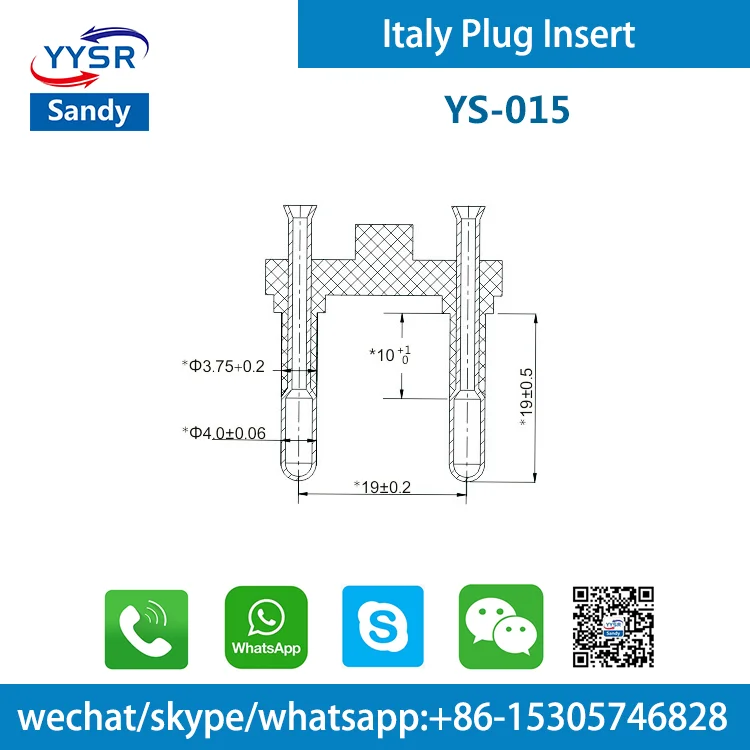 italy plug insert(YS-015 CEI 4.0MM 10A 2-pin,2-pole,2-prong Semi-insulated) for Standard wires