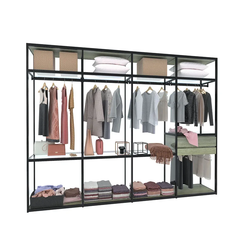 Custom Designed for Wardrobe Closet Modern LED Lighted Aluminum Metal Storage Shelves Glass Coating Technology Clear Wardrobe
