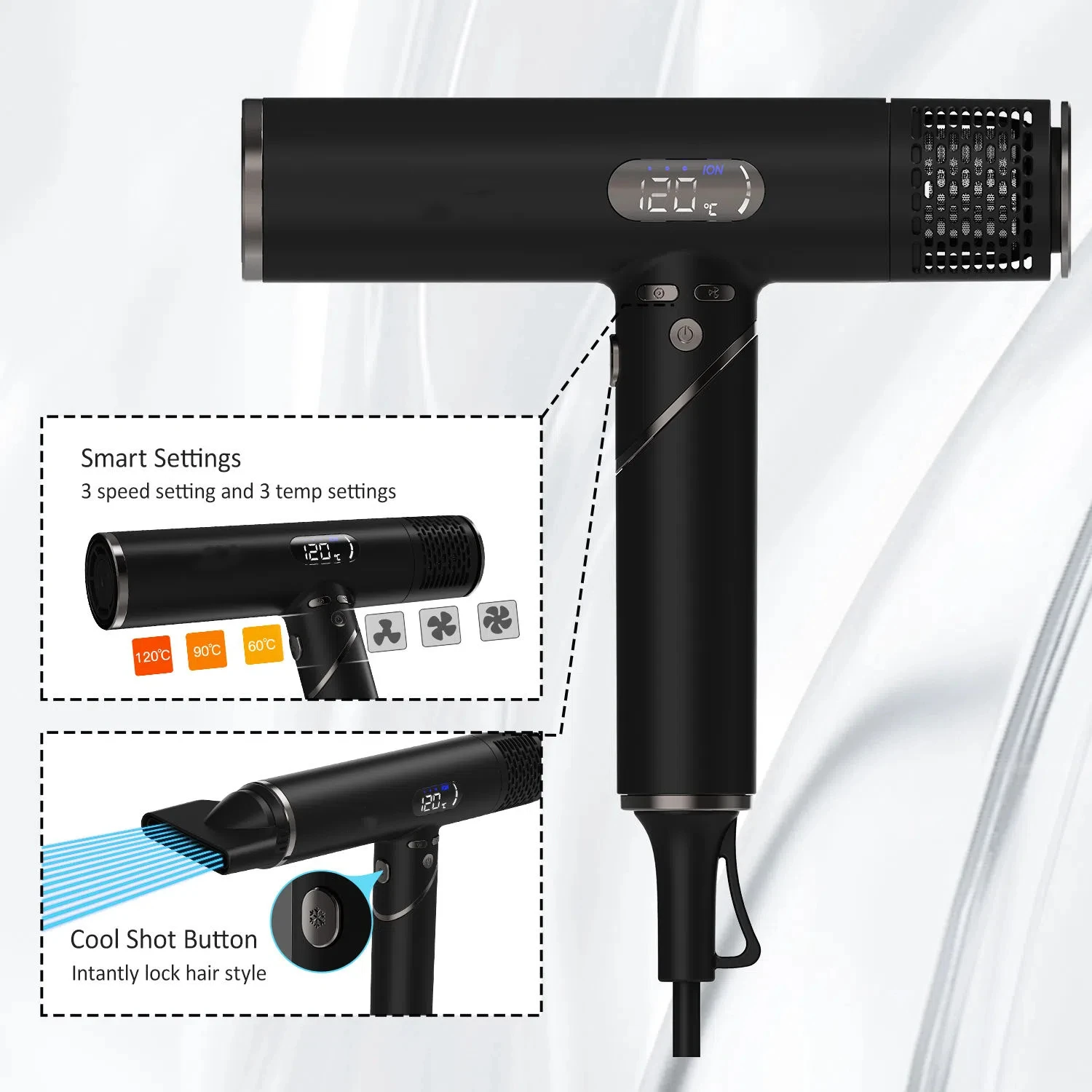 New Design High Speed Hair Dryer T Shaped Professional Folding Mini Hair Dryer Set Brushless Motor with Negative Ion