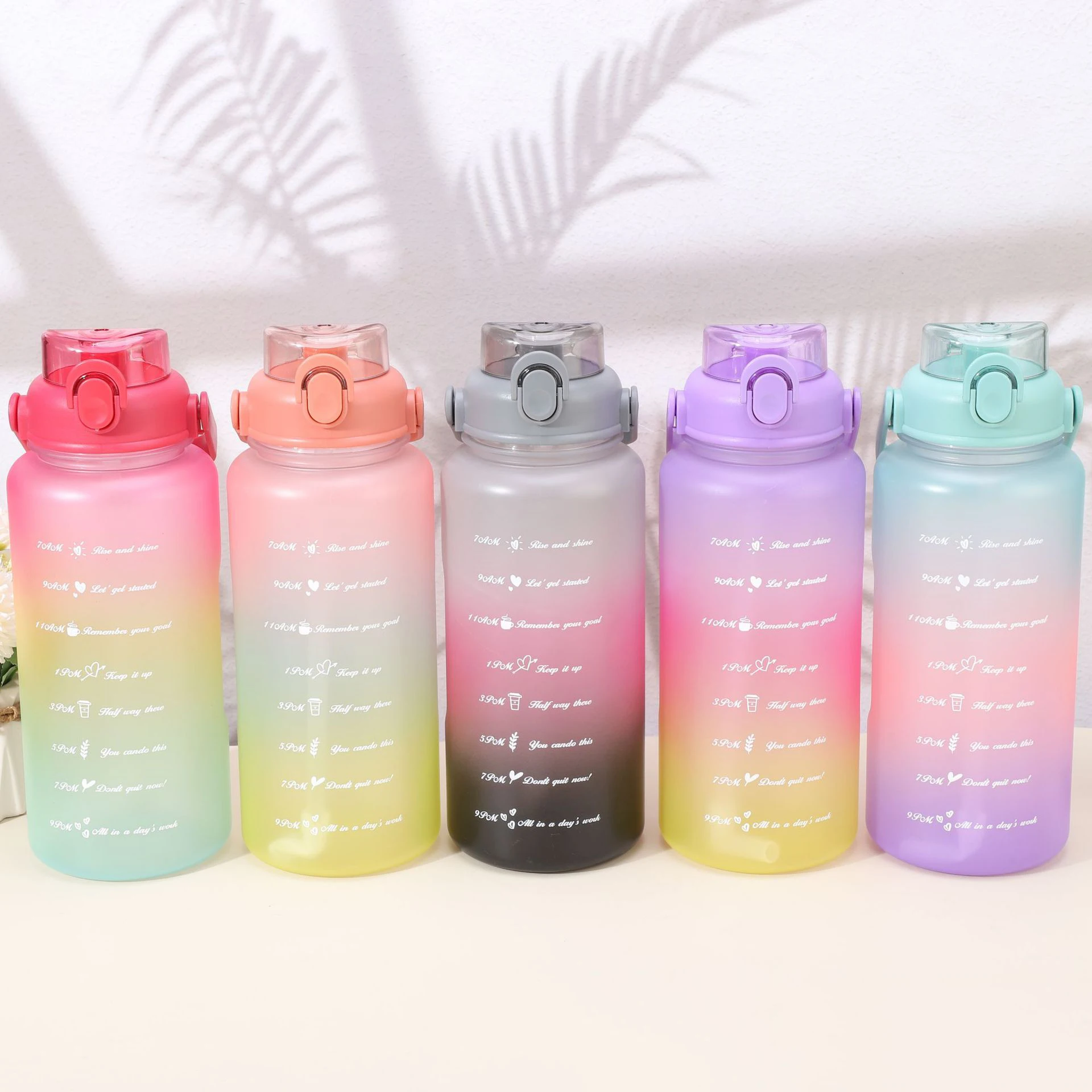 Gradient color tour camp 3 piece set PC plastic water bottle 2000ml 64oz jug with motivational and time marker OEM ODM