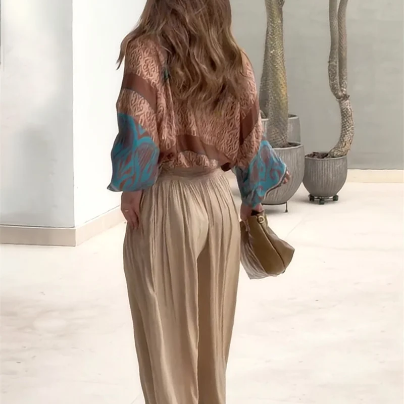 European and American Style Fashion Blouse Printed Long Sleeve Loose Shirt Sag Super Good Casual Pants Can Work Two Sets