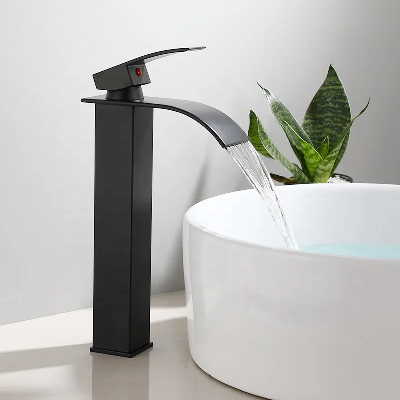 Bathroom Basin Faucets Sink Tap Matt Black Single Handle Deck Mount vessel sink waterfall tall faucets