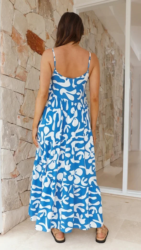 Fashion New Women Sexy Sweet Floral Print Sleeveless Off-shoulder Off-back Long Dress