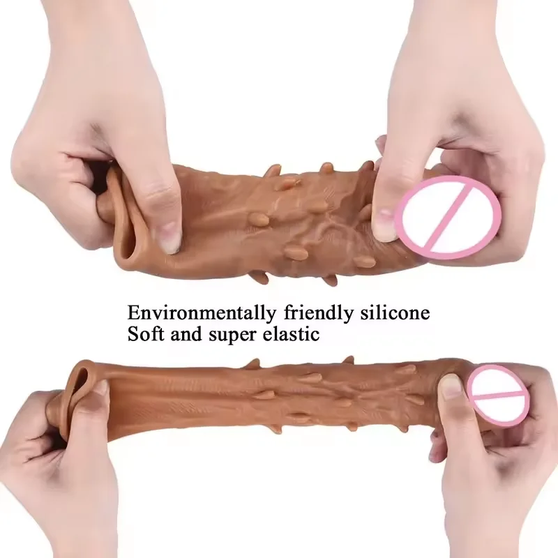 16cm Reusable Ejaculation Delay Realistic Dildo Sleeve Silicone Long Wearable Sleeve Condom For Men Penis Enlargement Big
