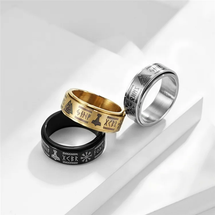 2022 New Stainless Steel Mens Gold Viking Ring With Text Rotatable Decompression Ring Rune Rings