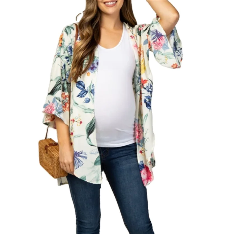 Ivory Floral Print Maternity Kimono cardigan for women nursing feeding maternity