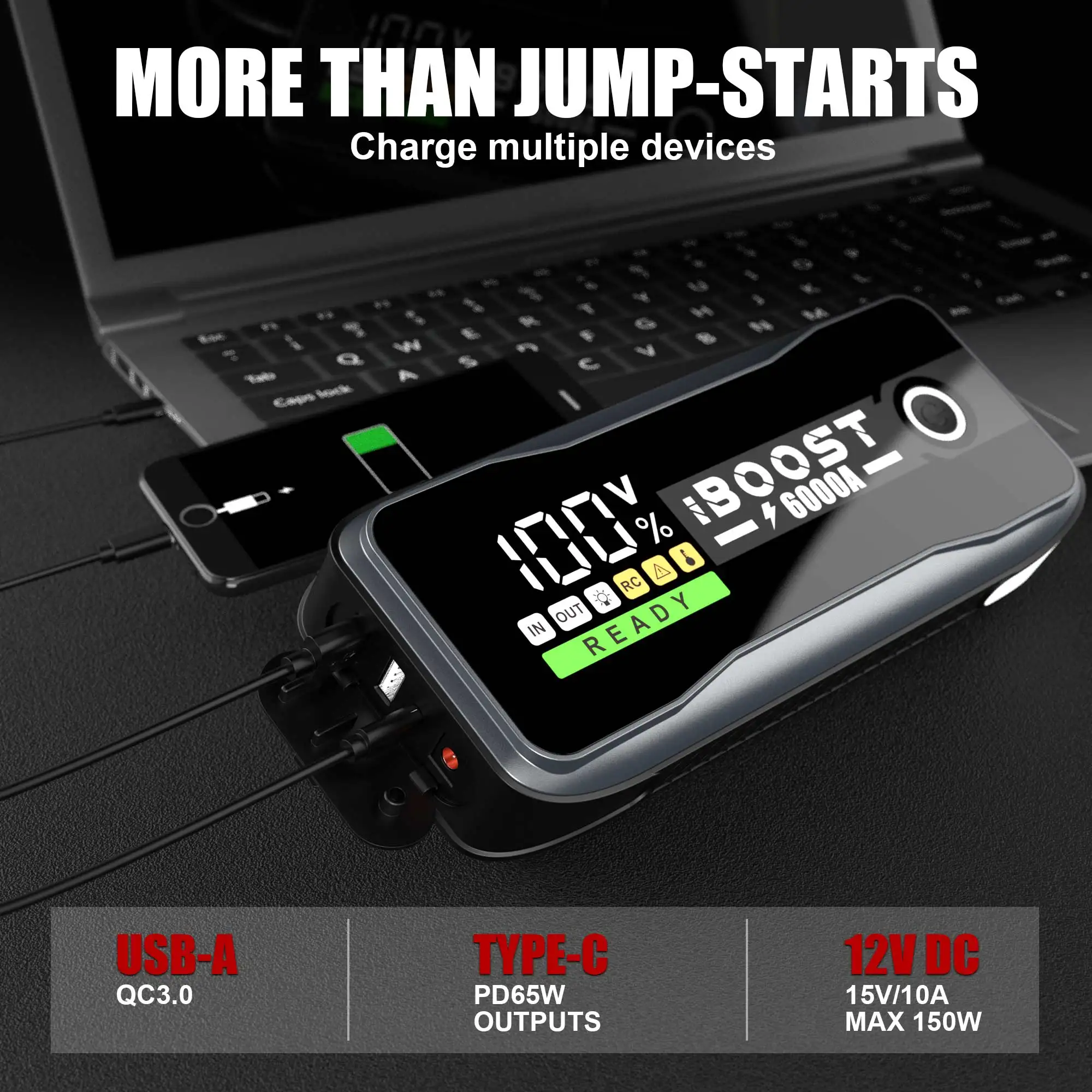 99.9Wh Car Battery Multi Function power bank Digital Devices LED light Jumper Start 6000APM Portable Car Jump Starter
