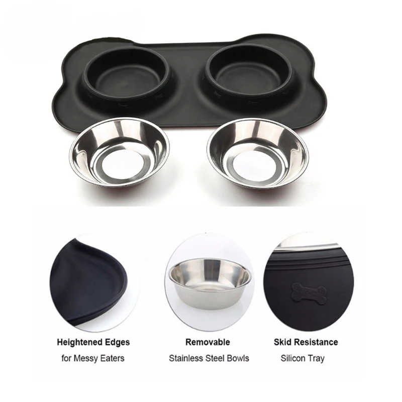 LIHONG wholesale Pet Dog Bowls 2 Stainless Steel Bowl with No Spill Non-Skid Silicone Mat + Food